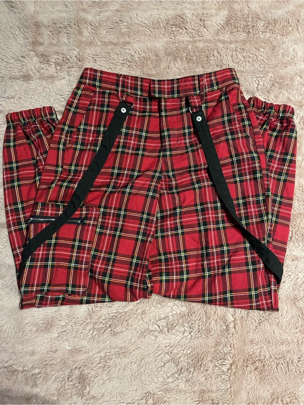 Hot Topic Red Plaid Pants with Black Strap Accents